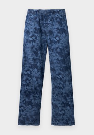 Blauwe gebloemde broek van zacht materiaal, met een bloemenpatroon, elastische tailleband en zijzakken. Rechte pijpen met minimale naden.