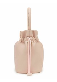 Sac à cordon rose clair en matériau synthétique lisse. Doté d'un haut froncé, d'une poignée et d'une fermeture éclair rose avec des accents en métal doré.