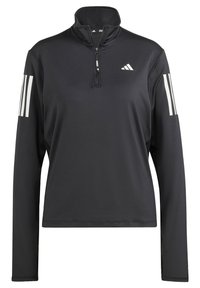 Pullover sportivo nero con collo a mezza zip, dotato di maniche lunghe e tre strisce bianche su ciascun braccio. Realizzato in tessuto leggero.