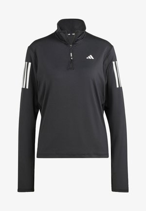 Pullover sportivo nero con collo a mezza zip, dotato di maniche lunghe e tre strisce bianche su ciascun braccio. Realizzato in tessuto leggero.