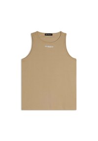Top senza maniche di colore tan, realizzato in tessuto morbido, con scollo tondo e un piccolo logo con scritta riflettente sul davanti.