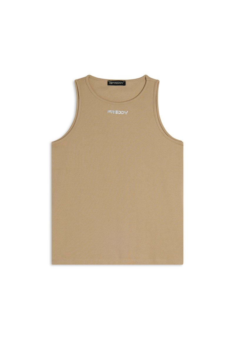 Top senza maniche di colore tan, realizzato in tessuto morbido, con scollo tondo e un piccolo logo con scritta riflettente sul davanti.