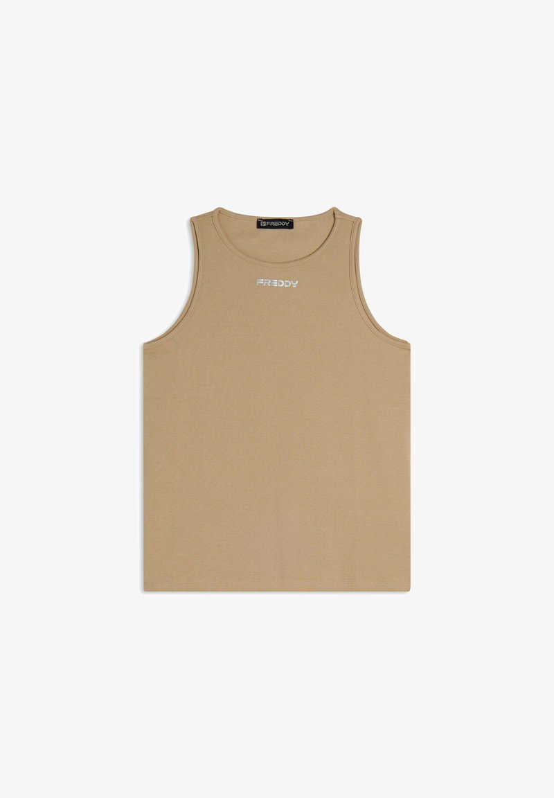 Top senza maniche di colore tan, realizzato in tessuto morbido, con scollo tondo e un piccolo logo con scritta riflettente sul davanti.