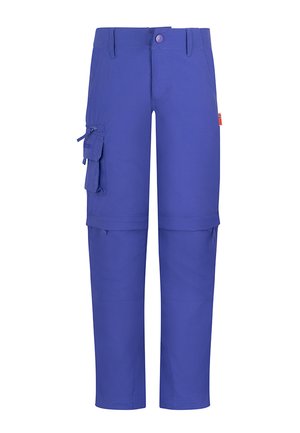 Blue convertible cargo pants with multiple pockets and a zip-off section at the knees to convert into shorts.