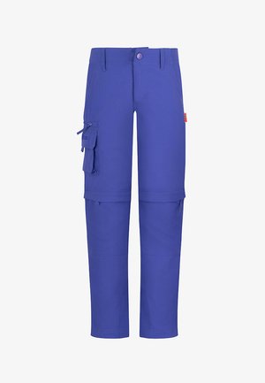 Blue convertible cargo pants with multiple pockets and a zip-off section at the knees to convert into shorts.