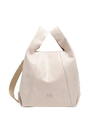 Bolso de cuero en rosa pálido con acabado texturizado, que presenta dos asas superiores y una correa beige contrastante, con el logo grabado en la base.