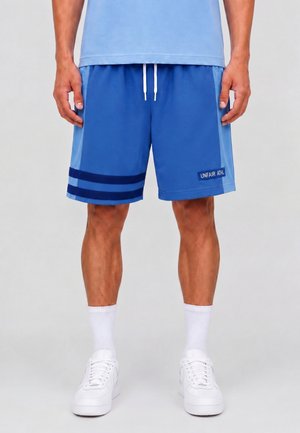 Mand iført blå atletikshorts med to mørke striber og hvide snore, hvide sokker, hvide sneakers og en lyseblå skjorte.