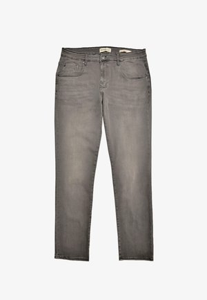 Grå denim jeans med et klassisk fem-lomme design, der har en knaplukning, let falmning og lige ben.