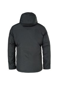 Jachetă puffer neagră cu glugă, realizată dintr-un material neted, mat și având o croială dreaptă. Cusături vizibile pe umeri și în jurul zonelor brațelor.