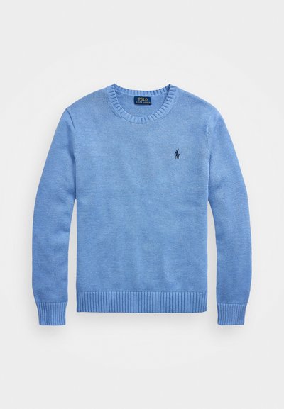 Pull en tricot bleu clair avec un col rond, des poignets et un ourlet côtelés. Présente un petit emblème sombre sur le côté gauche de la poitrine. Texture douce.