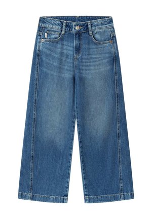 Blaue Denim-Weitbein-Cropped-Jeans mit Knöpfen und Reißverschluss vorne, Gürtelschlaufen und zwei Vordertaschen auf weißem Hintergrund.