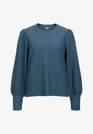 Blå blonde langærmet top med rund halsudskæring, struktureret mønster og puffede ærmer. Afsluttet med tætsiddende manchetter ved håndleddene.