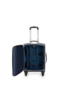 Spinner suitcase in navy with a floral pattern, silver metal hardware, retractable handle, and wheels. Interior features striped lining and straps.