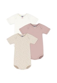 Three short-sleeve bodysuits: one ivory, one beige speckled, and one soft pink. Each features soft cotton fabric and snap closures at the bottom.