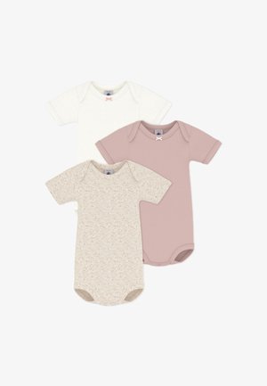 Trois bodies à manches courtes : un ivoire, un beige tacheté et un rose pâle. Chacun est en coton doux et possède des pressions à l'entrejambe.