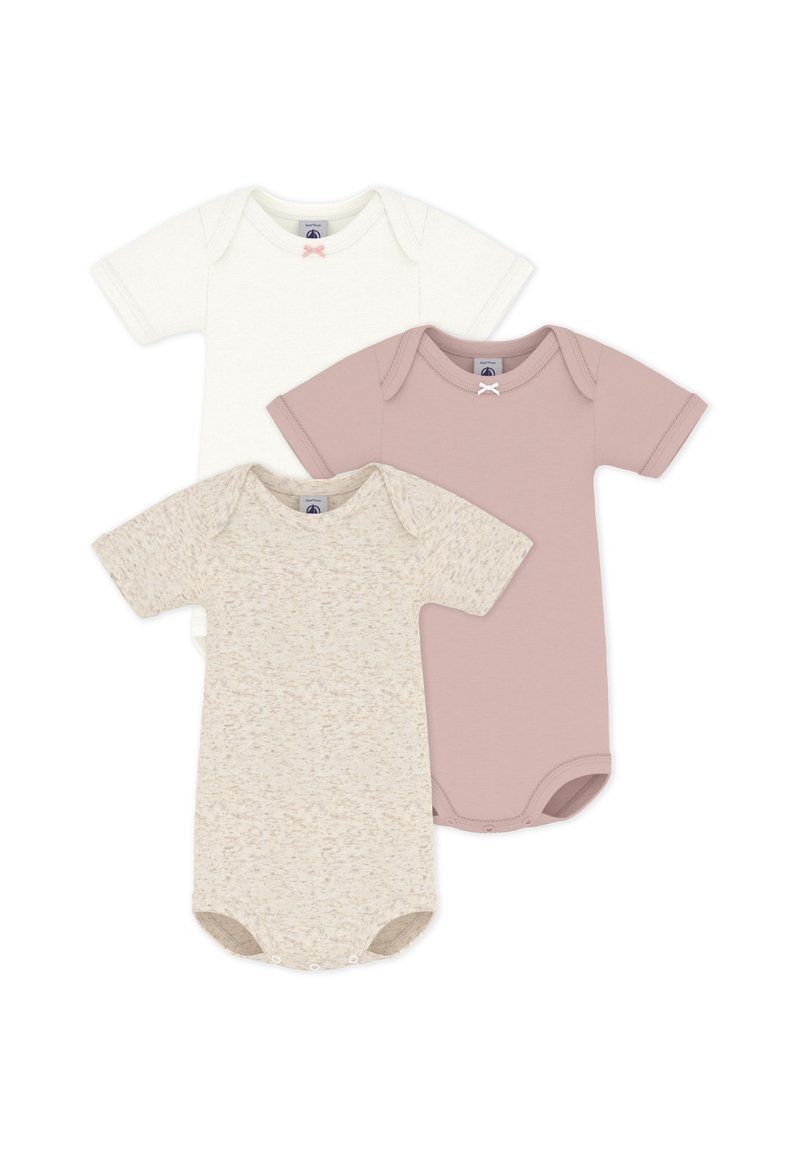 Three short-sleeve bodysuits: one ivory, one beige speckled, and one soft pink. Each features soft cotton fabric and snap closures at the bottom.