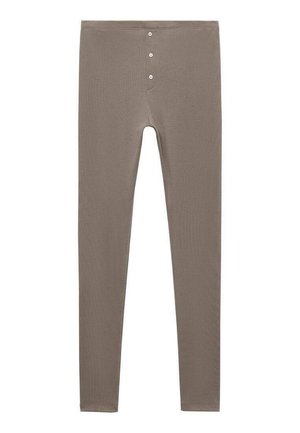 Bruine geribde leggings met een aansluitend ontwerp en drie knoppen op de tailleband. Gemaakt van een zachte, rekbare stof.