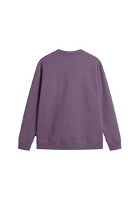 Sudadera morada con cuello redondo, puños y dobladillo acanalados. Hecha de un tejido suave y texturizado, exhibiendo un diseño minimalista.