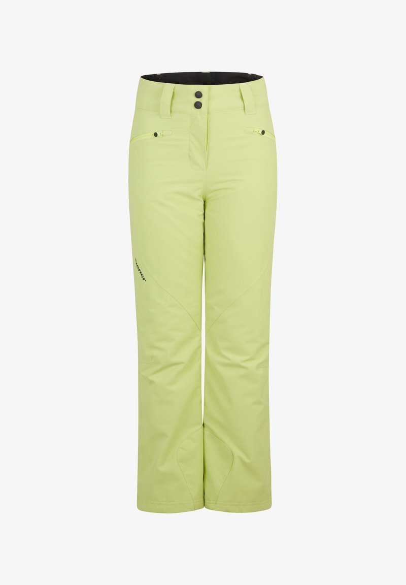 Light green ski pants made of smooth, water-resistant material with two front zippered pockets and a waistband featuring two buttons.