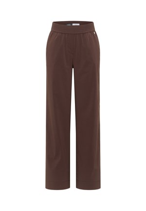 Brune bukser med vide ben, elastisk talje og sidelommer, designet til afslappet eller afslappet brug.