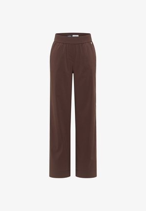 Brune bukser med vide ben, elastisk talje og sidelommer, designet til afslappet eller afslappet brug.