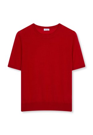 Rode kortarmige trui met ronde hals, gemaakt van fijn gebreide stof met een geribde kraag en zoom.