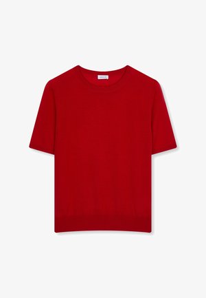 Maglione rosso a maniche corte con scollo rotondo, realizzato in tessuto a maglia fine con collo e orlo a costine.