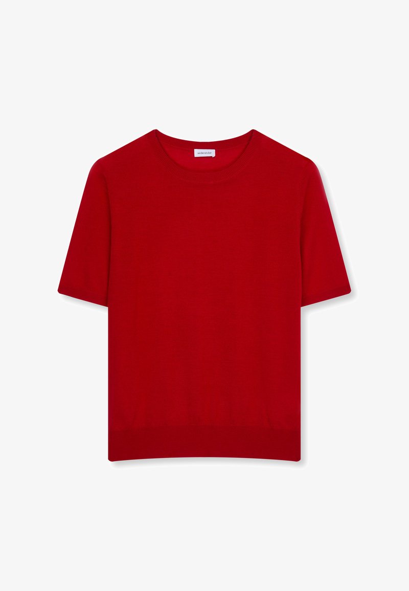 Pull rouge à manches courtes avec col rond en tissu fin tricoté, doté d'un col et d'un ourlet côtelés.