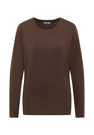 Brun langærmet t-shirt lavet af blødt stof; har en rund hals og en glat tekstur, med en afslappet pasform og ingen synlige mønstre.