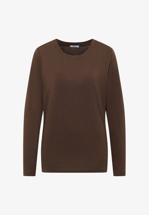 T-shirt à manches longues marron en tissu doux; présente un col rond et une texture lisse, avec une coupe décontractée et sans motifs visibles.