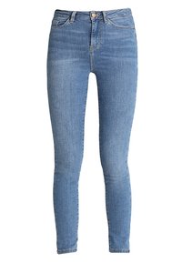 Modré džíny skinny s mírným pasem, čtyřmi kapsami a hladkým povrchem s mírnými vzory vyblednutí.