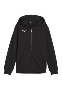 Schwarze Zip-Hoodie mit einer Kängurutasche, gerippten Bündchen und einem weißen Puma-Logo auf der linken Brust. Aus weichem Stoff gefertigt.
