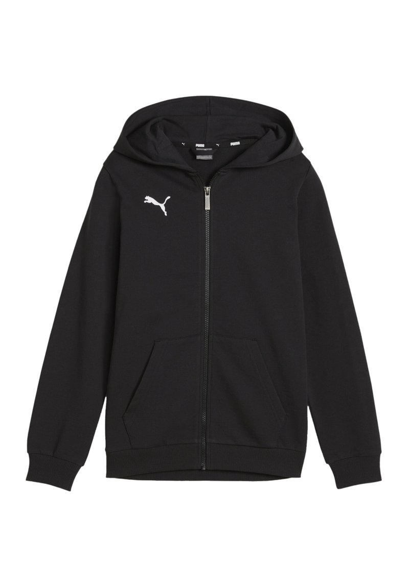 Schwarze Zip-Hoodie mit einer Kängurutasche, gerippten Bündchen und einem weißen Puma-Logo auf der linken Brust. Aus weichem Stoff gefertigt.