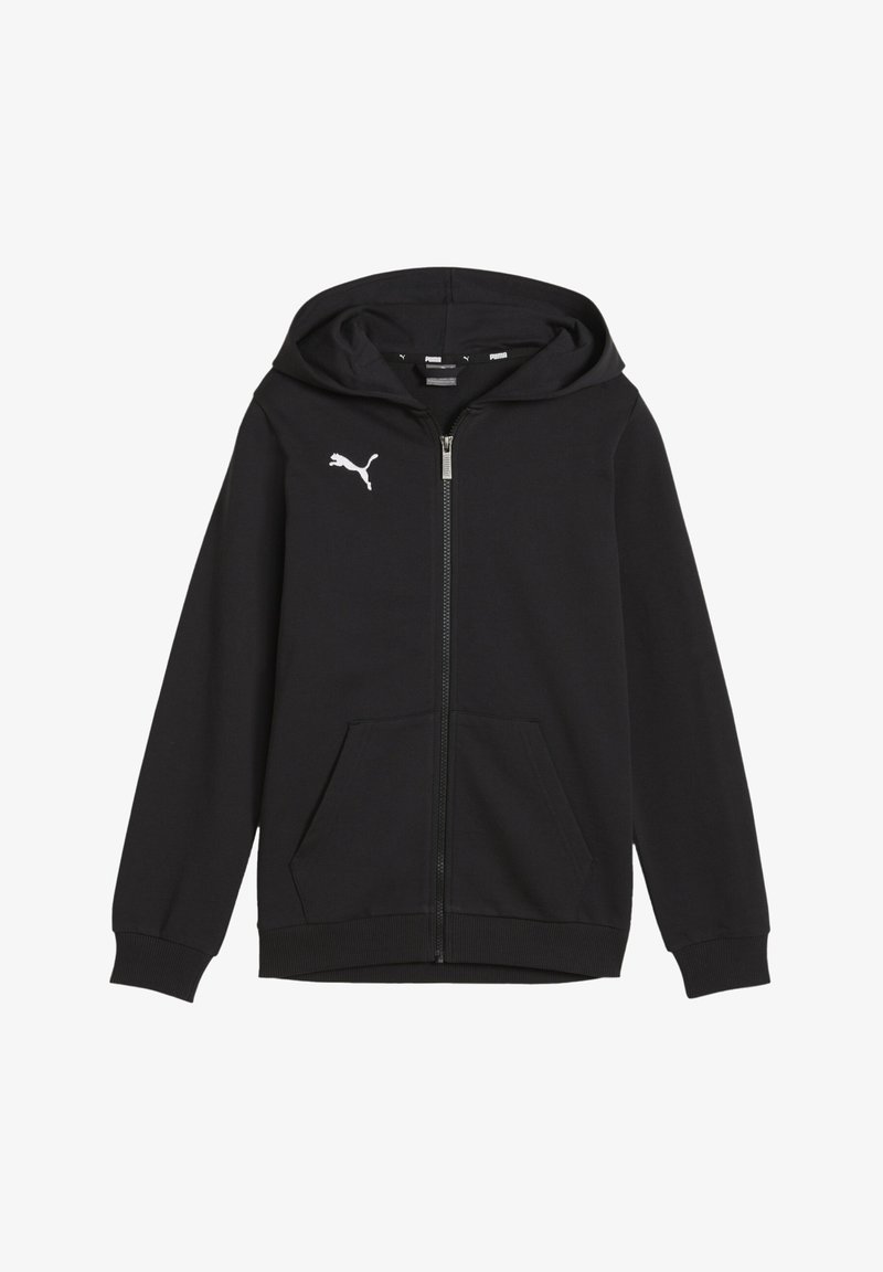 Schwarze Zip-Hoodie mit einer Kängurutasche, gerippten Bündchen und einem weißen Puma-Logo auf der linken Brust. Aus weichem Stoff gefertigt.