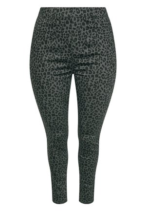 Højtaljede leggings i mørkegrøn med sort leopardmønster, der har en glat overflade og tætsiddende design.