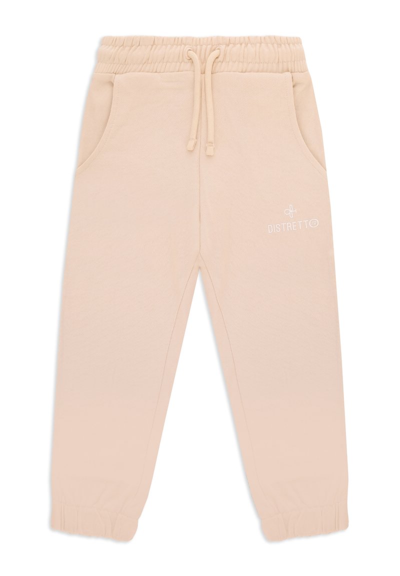 Pantaloni della tuta beige con vita a coulisse, tasche laterali e polsini elastici. Presentano un piccolo logo bianco sul lato sinistro. Tessuto morbido.