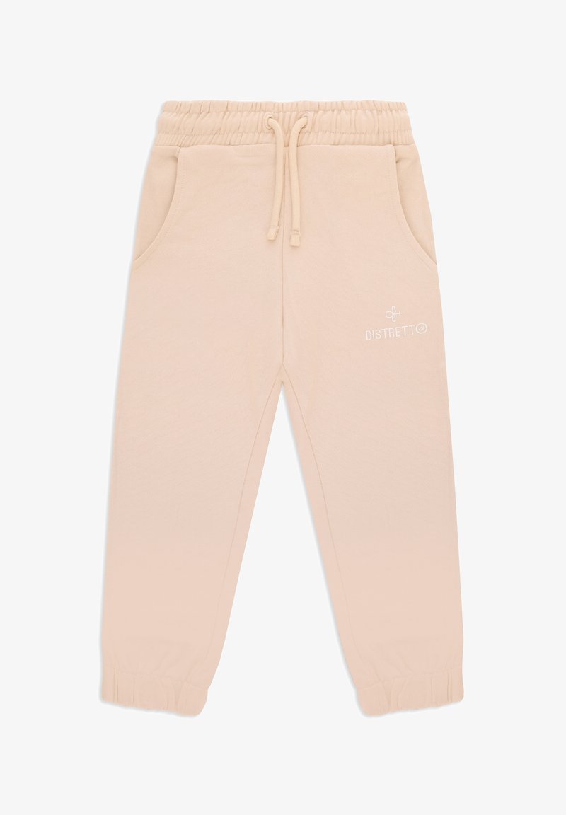 Pantaloni della tuta beige con vita a coulisse, tasche laterali e polsini elastici. Presentano un piccolo logo bianco sul lato sinistro. Tessuto morbido.