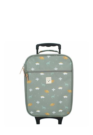 Valise rigide de couleur verte avec un imprimé de dinosaure, dotée d'une poignée rétractable, d'une fermeture éclair et de deux roues noires pour la mobilité.