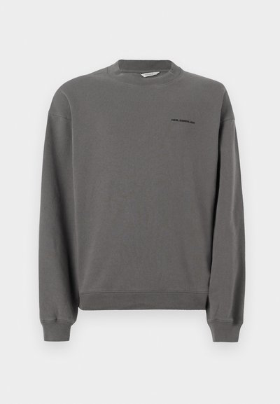 Pelēks džemperis, kas izgatavots no mīksta materiāla, ar apaļu kakla izgriezumu un ribotām aprocēm. Melna logo akcentācija priekšpusē tuvu kakla izgriezumam.