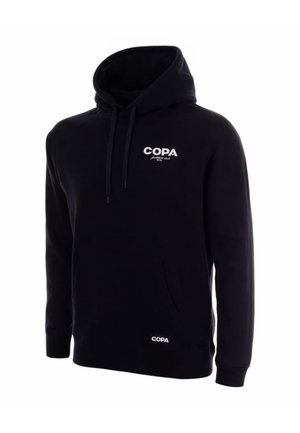 Zwarte capuchontrui met voorzak en witte "COPA"-logo's op de borst en onderaan de voorkant.
