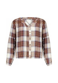 Button-up shirt met een V-hals, voorzien van een ruitpatroon in bruin, crème en blauw, en met textuurkant accenten op de schouders. Lange mouwen.