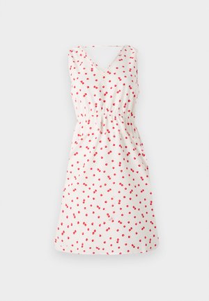 Witte mouwloze jurk met een V-hals, met een kersenprint in het rood. Elastische taille en uitlopende rok voor een casual pasvorm.