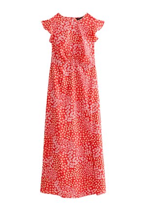 Abito maxi rosso con motivo floreale bianco, maniche corte con volant, scollatura rotonda e dettaglio di vita arricciata.