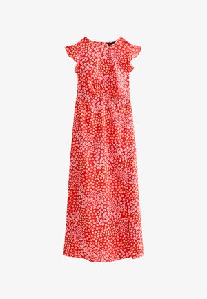 Robe maxi rouge à motif floral blanc, manches courtes à volants, encolure ronde et taille froncée.