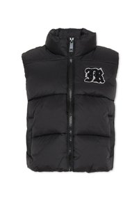 Czarna ocieplana kamizelka z kołnierzem typu stand-up, zamek błyskawiczny z przodu i haftowanym logo. Gładka tekstura z pikowanym wzorem i poziomymi szwami.