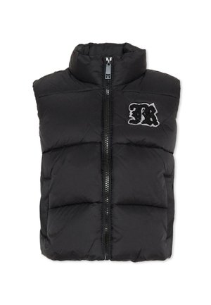 Gilet imbottito nero con colletto rialzato, zip frontale e logo ricamato. Texture liscia con design trapuntato e cuciture orizzontali.