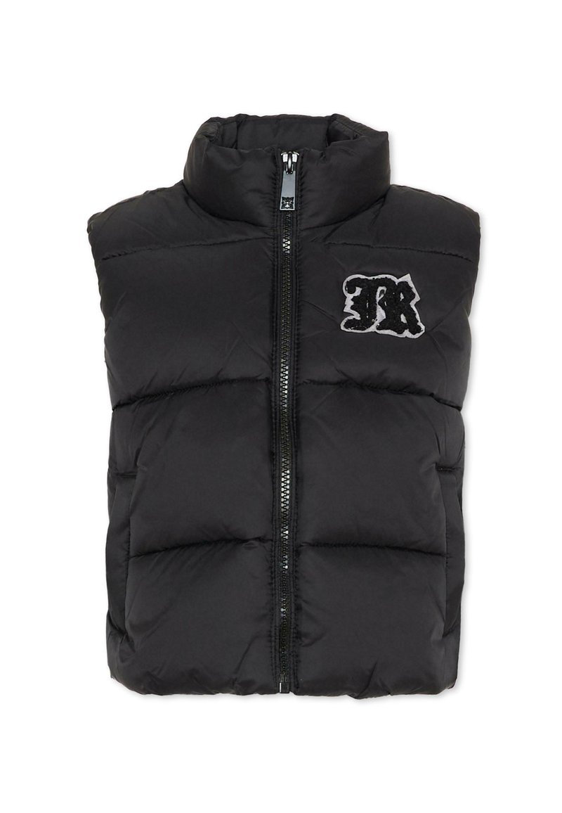 Czarna ocieplana kamizelka z kołnierzem typu stand-up, zamek błyskawiczny z przodu i haftowanym logo. Gładka tekstura z pikowanym wzorem i poziomymi szwami.