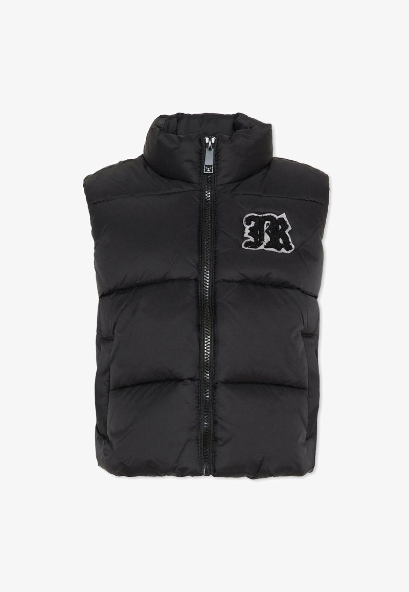 Czarna ocieplana kamizelka z kołnierzem typu stand-up, zamek błyskawiczny z przodu i haftowanym logo. Gładka tekstura z pikowanym wzorem i poziomymi szwami.