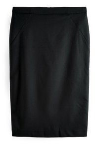 Jupe crayon noire en tissu tissé ; présente une silhouette droite, des coutures avant et une taille discrète. Pas de quincaillerie visible ni de motifs.