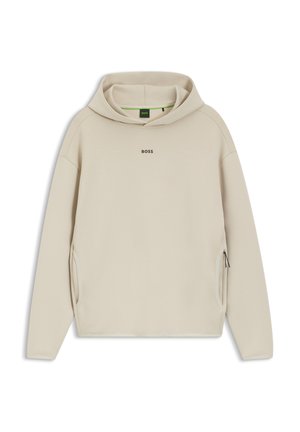 Sweat à capuche beige à manches longues, deux poches latérales zippées, et logo "BOSS" centré sur la poitrine.